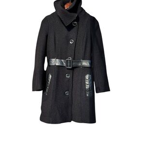Mackage High Collar Button Up Wool Black Coat SZ XS Leather Belt/Trim Classic